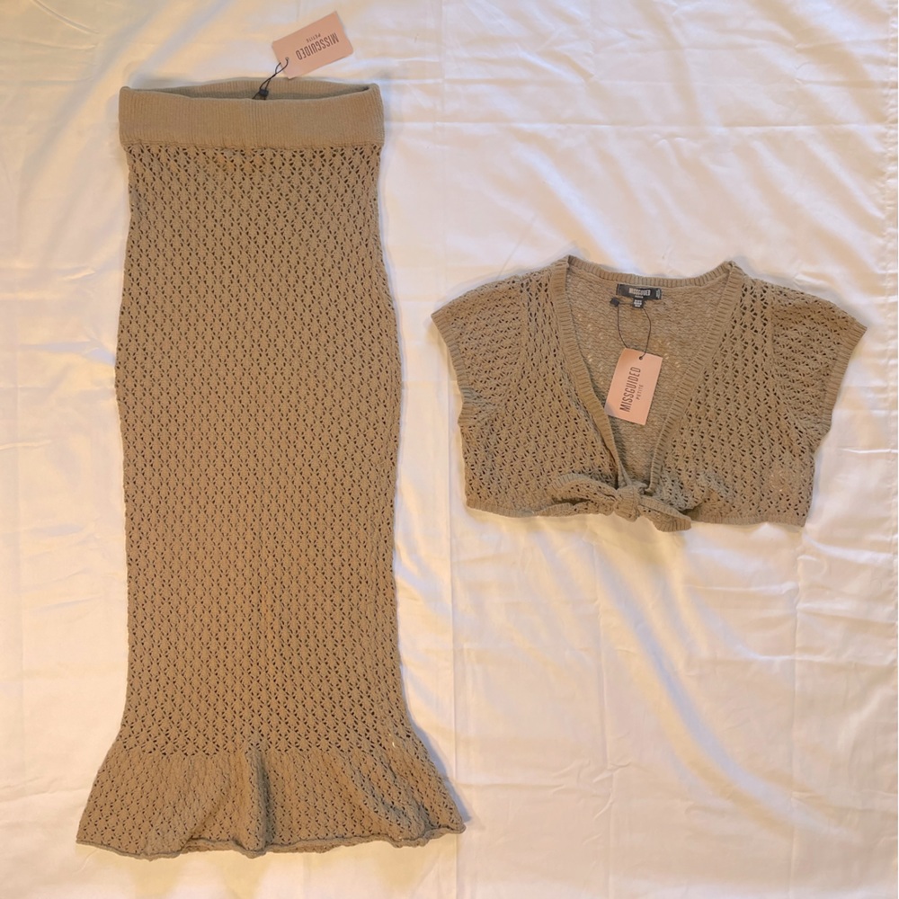 Missguided Pointelle Matching Set Tan Crotchet Crop Top & Skirt Size 6/8 petite